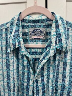 Vintage 90s Levi's Men's Abstract Blue & Teal Button-Down Cotton Shirt Sz M USA